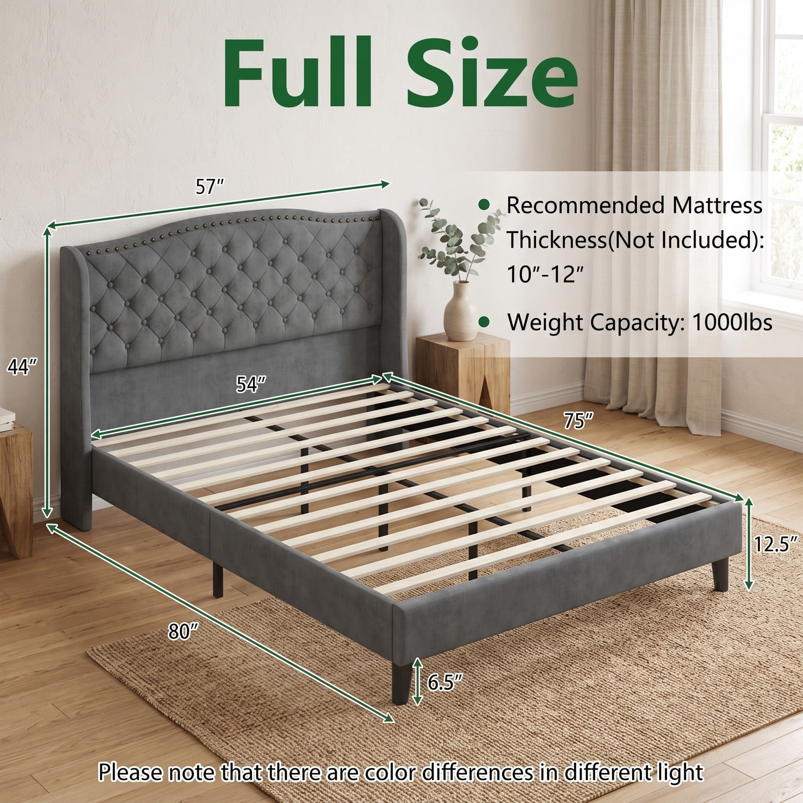 Furnibear Queen Bed Frame with Headboard, Velvet Upholstered Platform Bed Frame with Button Tufted Wingback and Nailhead Trim, No Box Spring, Gray