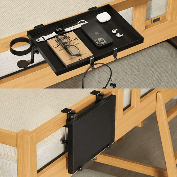 MEHOOM Bedside Shelf for College Dorm Room Essentials, Metal Foldable Bedside Table with Hooks, Cable Hole&Clip, Cup Holder, Bunk Bed Tray Clip on Floating Nightstand
