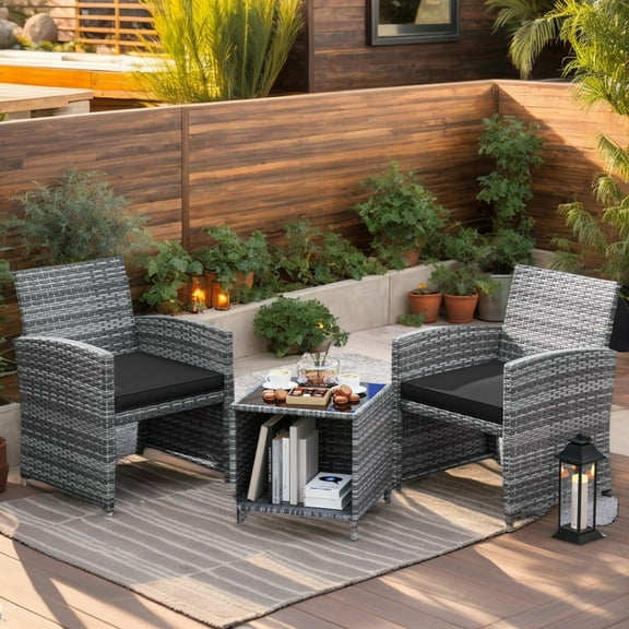 Yardi Yarda 3 Pieces Patio Furniture Set with Tempered Glass Coffee Table and Soft Seat Cushions, Patio Conversation Set for Outdoor as Yard, Black