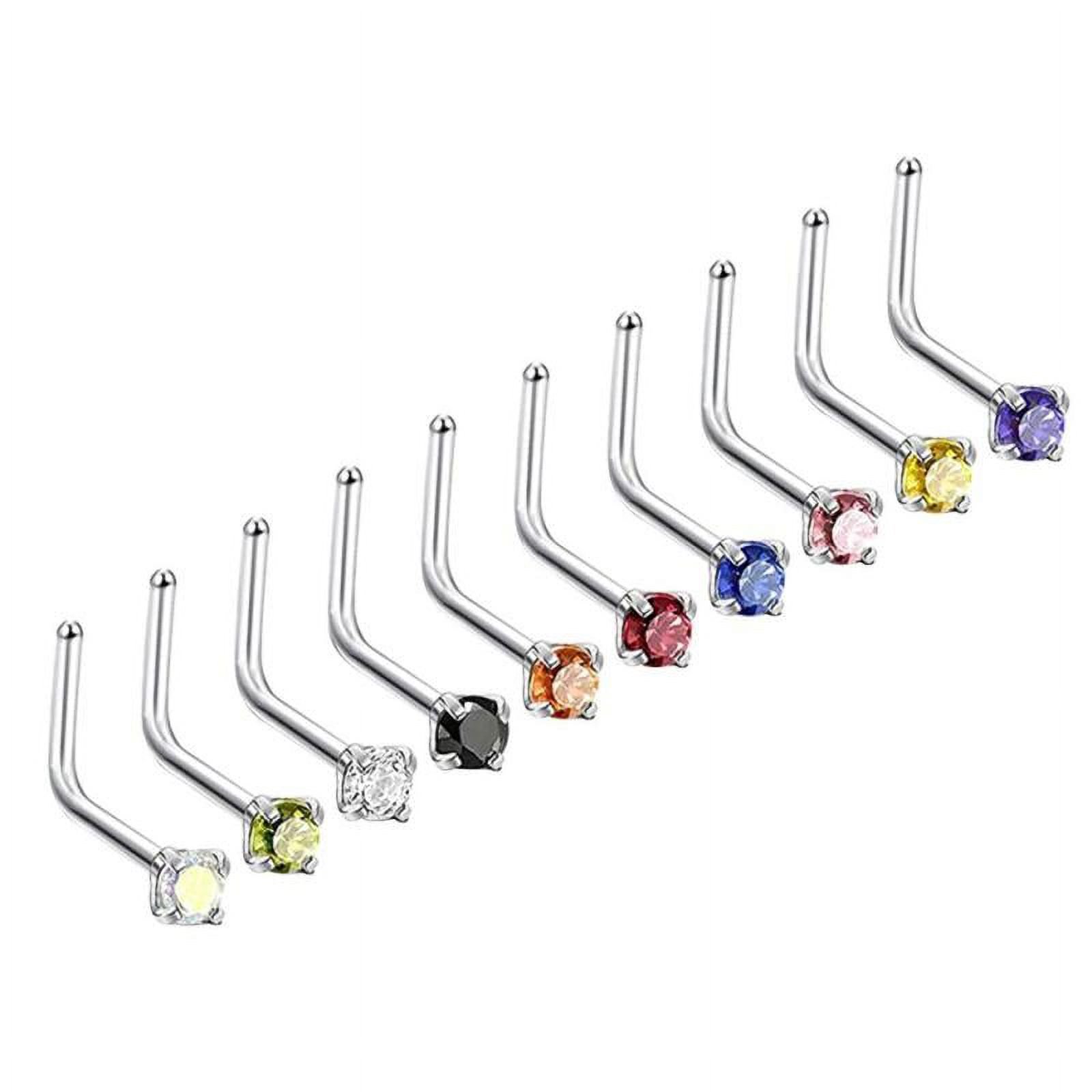 10pcs Assorted Color Crystal L Shaped Nose Rings Body Jewelry Piercing 18G - Multicolor, 3mm