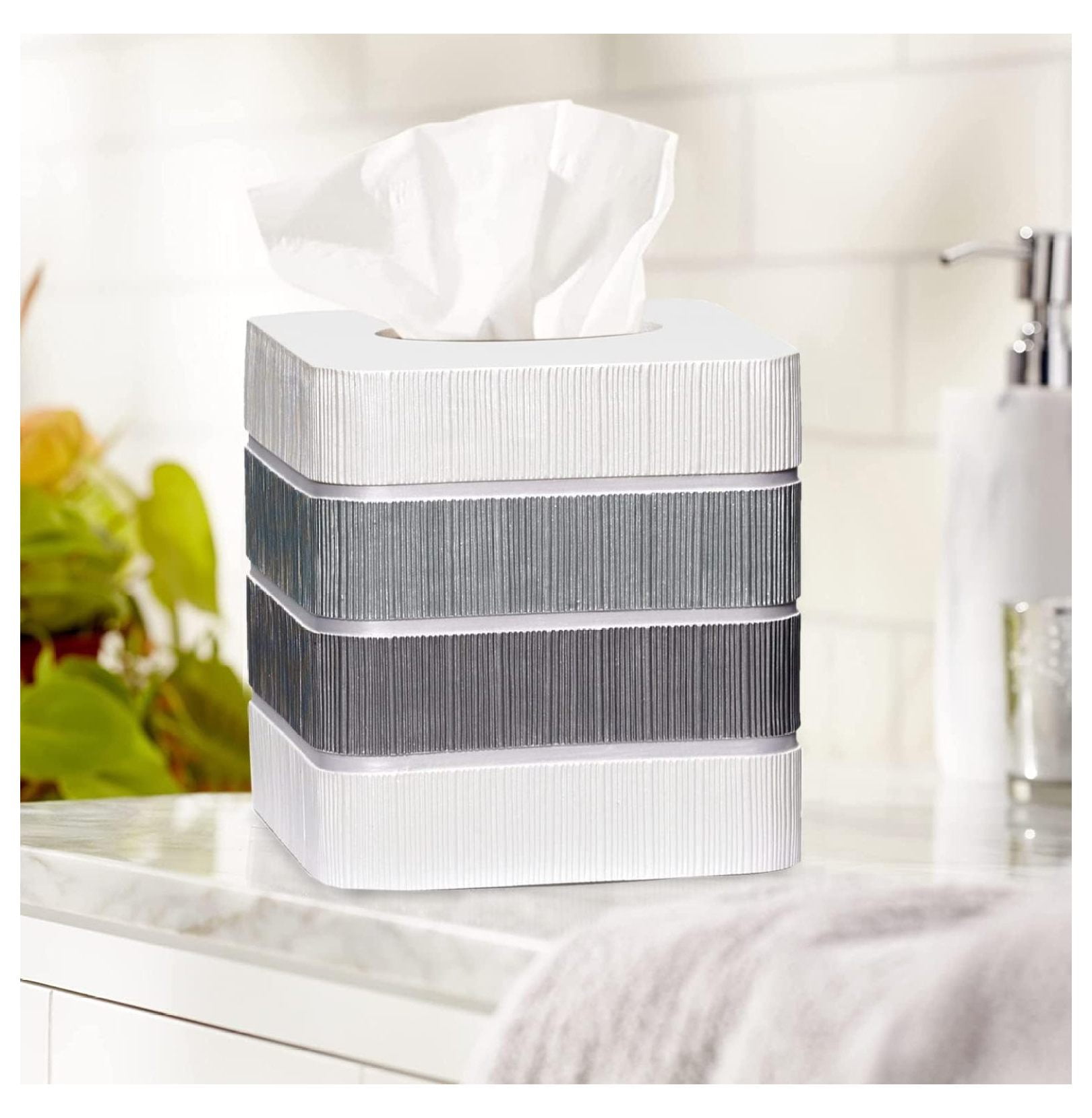 2pc Modern Line Stylish Bath Accessories Set Waste Basket & Square Tissue Box Cover Classic Contemporary Decorative Beautiful Designs Gray Bathroom Decor Set for Home Modern Bath Set