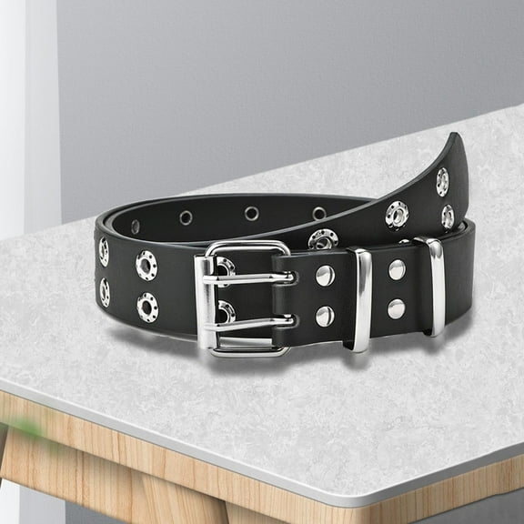 Vintage Style Women Leather Belt Double Grommet Waist Strap Pin Buckle Unisex Black