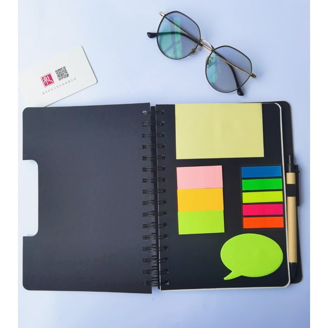 2 Pieces Spiral Notebook Steno Business Notepad Wide Ruled Notebooks With Pen Holder And Sticky Notes Index Tabs Page Markers For School Office Business Travel, 180Sheets Totally (Black)