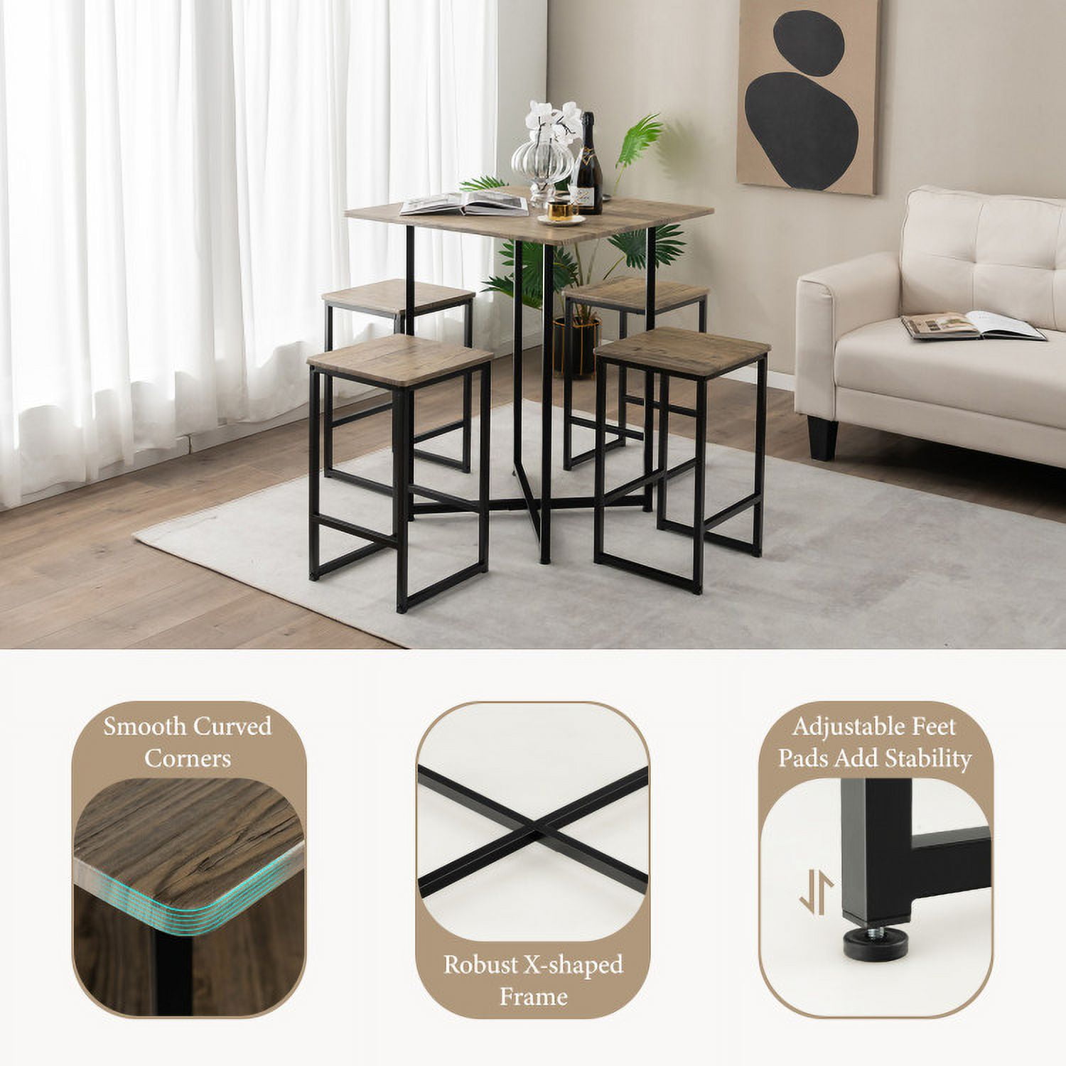 Finihen Dining Set, Dining Table Set, 5 Piece Square Space-saving Dining Table Set with 4 Stools, for Home, Restaurant, Brown Finihen Dining Set, Dining Table Set, 5 Piece Square Space-saving Dining Table Set with 4 Stools, for Home, Restaurant, Brown