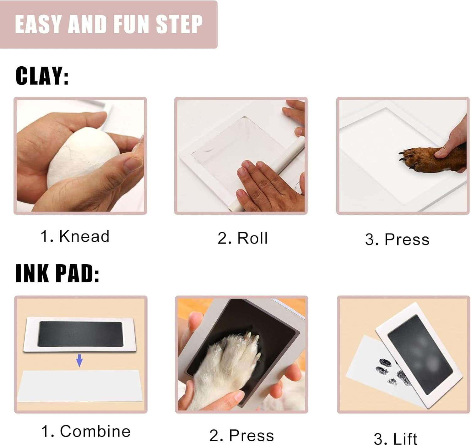 Zeokiar Paw Print Impression Kit for Dogs and Cats, 2 Clay, Large Ink Pad, Wooden Picture Frame, Pet Memorial Keepsake, Gift for Pet Owners & Lovers