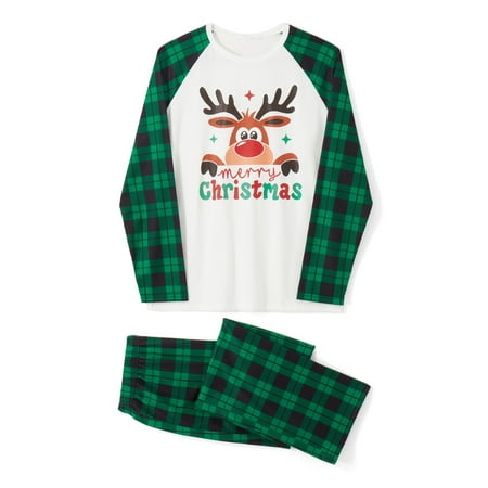 

Genuiskids Christmas Family Matching Pajamas Print Long Sleeve Crew Neck Tops +Casual Plaid Pants Sleepwear