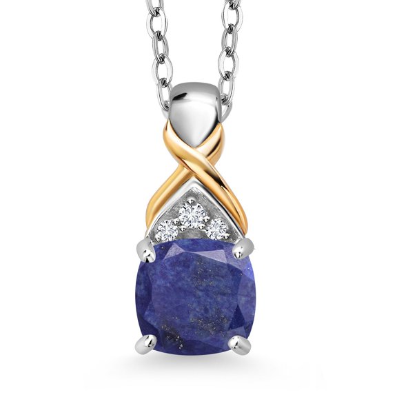 Gem Stone King 1.02 Ct Blue Lapis E-F Lab Grown Diamond 925 Silver and 10K Yellow Gold Pendant with Chain