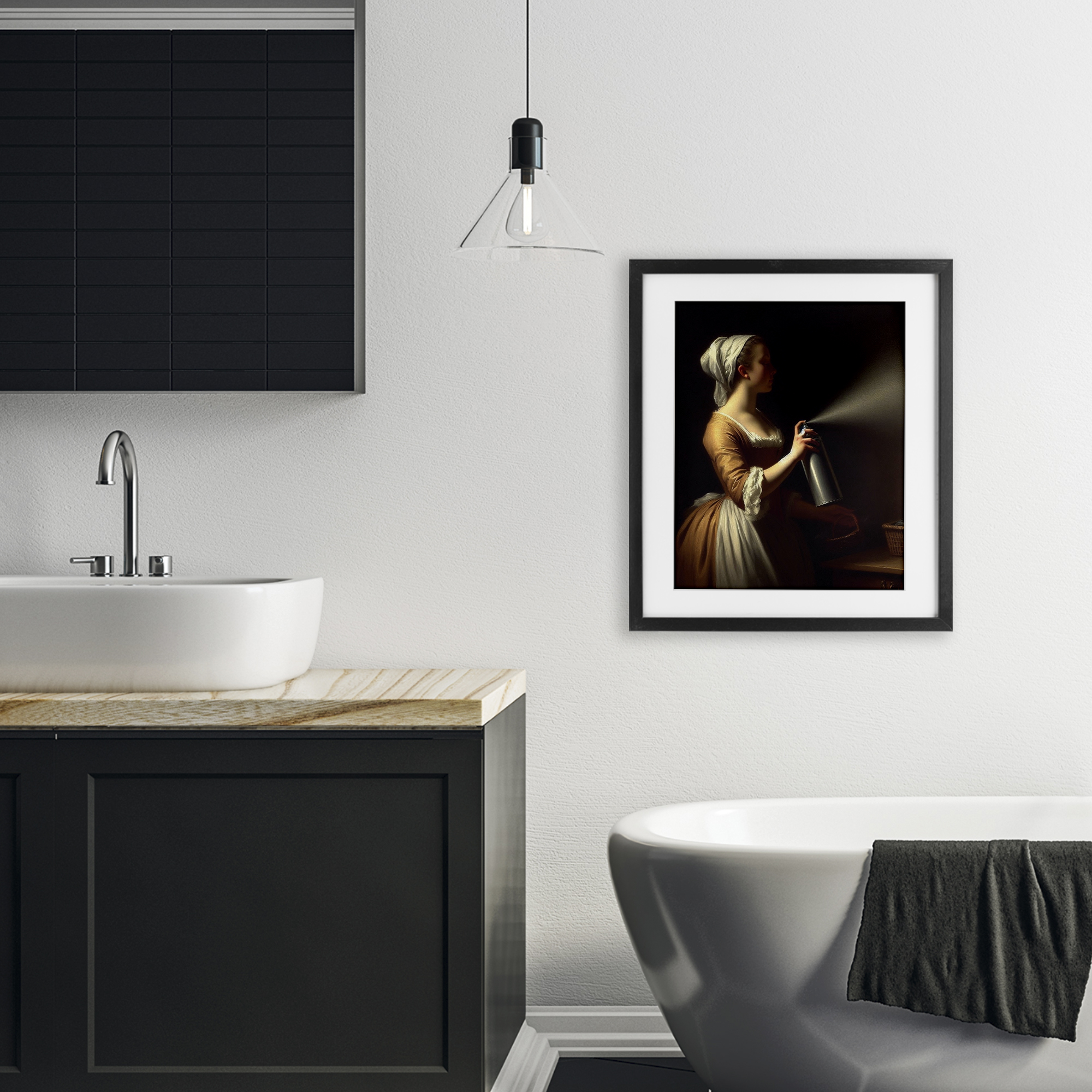 Funny Vintage Lady & Spray Paint Black Framed Print Under Glass, design by Lettered and Lined