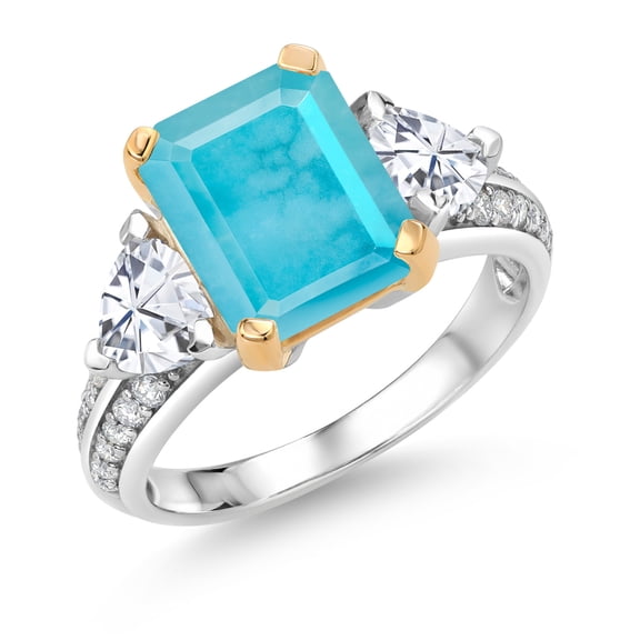 Gem Stone King 925 Sterling Silver and 10k Yellow Gold Green Turquoise and White Moissanite 3 Stone Engagement Ring for Women (3.43 Cttw, Emerald Cut Cut 10X8MM, Size 8)