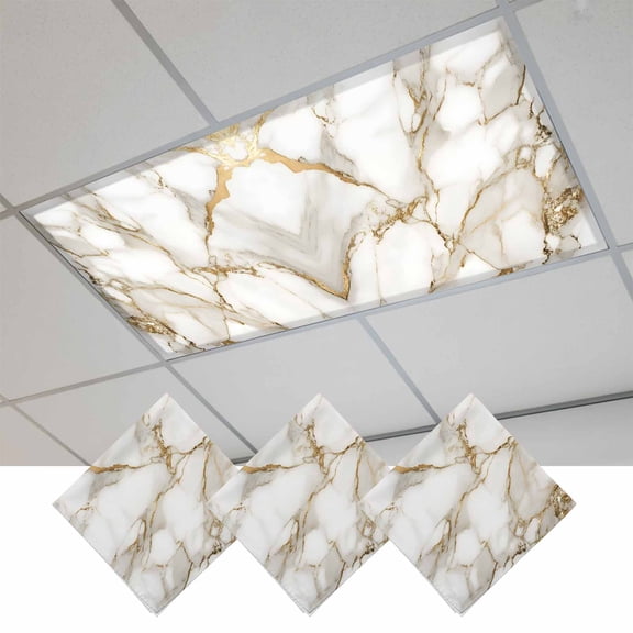 3 Pcs Abstract Fluorescent Light Covers White Marble Pattern Gold Crack Texture Minimalism Magnetic Light Covers for Ceiling Lights 4 x 2 ft Drop Ceiling Lights Cover Shade for Office, Home, Hospital
