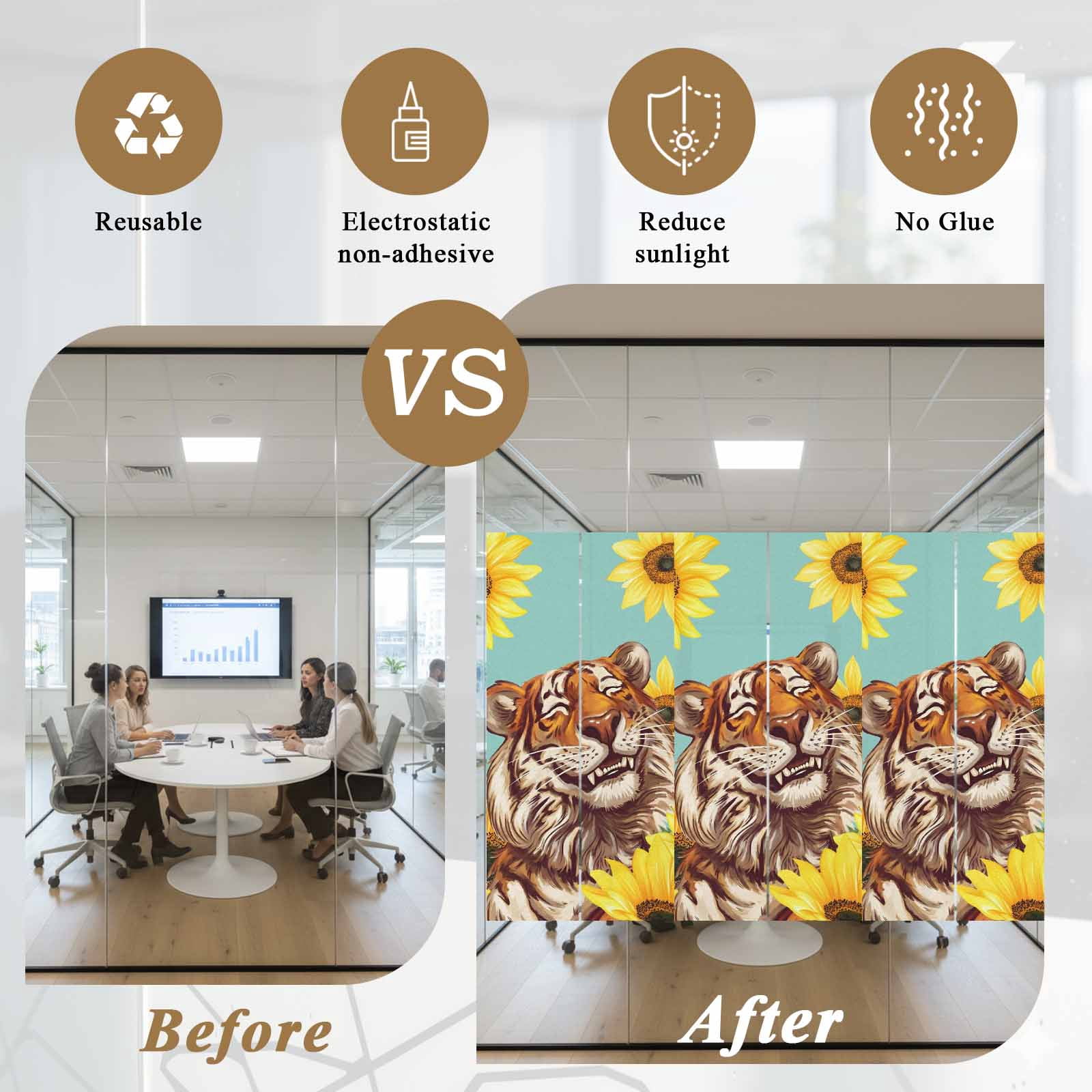 Funny Tiger Sunflower Window Privacy Film, Cartoon Summer Animal Floral Frosted Glass Window Clings Static Cling UV Heat Blocking Reusable Door Sticker for Bathroom 23.6 x 59 Inch