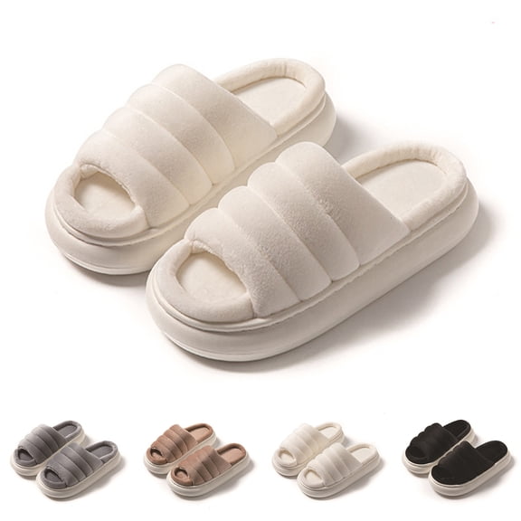 Miqool Women's Plush Open Toe House Slippers Puffy Thick Sole Cozy House Slides Soft Footbed Slip On Fuzzy Slipper