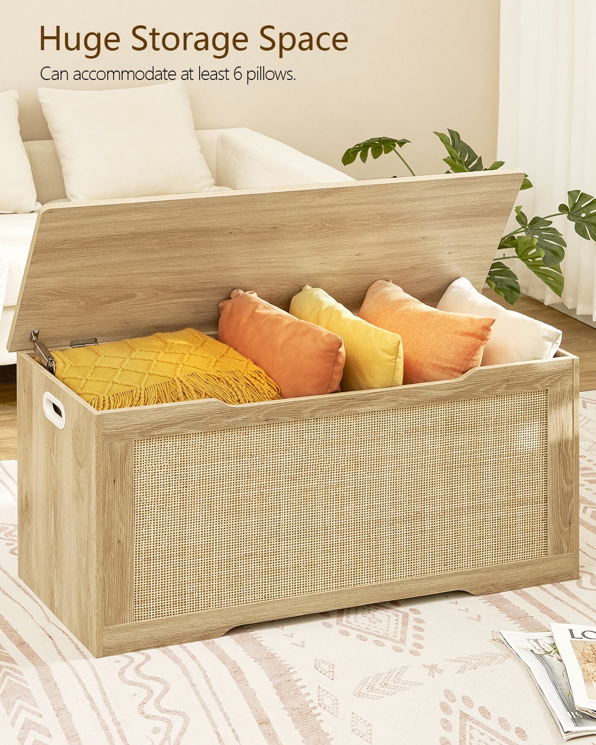 Rattan Storage Chest, Wooden Toy Chest with 2 Safety Hinges, Lift Top Storage Box with Gel Bumpers, Storage Trunk, Storage Bench for Hallway, Natural
