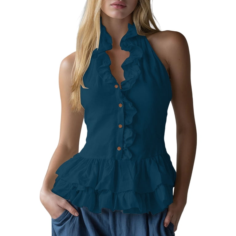 ClodeEU Women's Halter Neck Sleeveless Ruff Trim Peplum Blouse ClodeEU Women's Halter Neck Sleeveless Ruff Trim Peplum Blouse