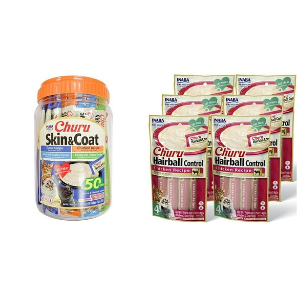 INABA Churu Friandises Naturelles pour Chat Pure Léchables Variété de Peau et Manteau (50 Tubes) + Contrôle des Bouloches (24 Tubes)