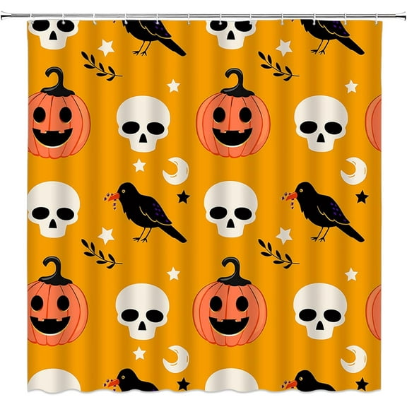 Halloween Orange Shower Curtain Funny Cartoon Pumpkin Ghost Skull Crow Star Moon Spooky Scary Gothic Magic Horror Happy Halloween Party Holiday Fabric Bath Curtain Set with Hook