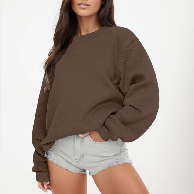 Bmisegm Chandail à Manches Longues pour Femmes, Col Rond Décontracté, Coupe Ample, Chandail à Capuchon en Molleton, Hauts d'Automne, Chandail pour Femmes, Brun, G