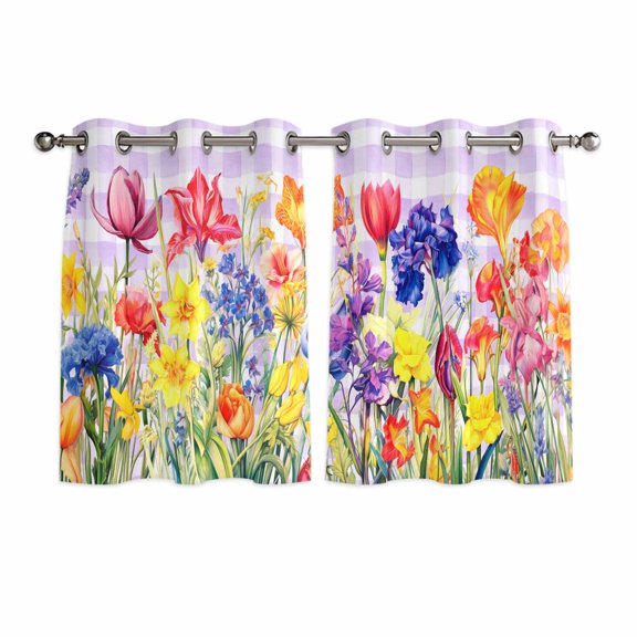 Purple Plaid Tulip Window Curtains Panels with Silver Grommet, Spring Floral Watercolor Botanical Kitchen Cafe Curtain Draperies Window Treatment Set for Living Room/Bedroom/Laundry/Bathroom, 84x45