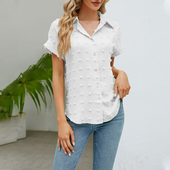 Wyongtao Women's Short Sleeve Shirts V Neck Collared Button Down Shirt Chiffon Tops with Pockets,White XL