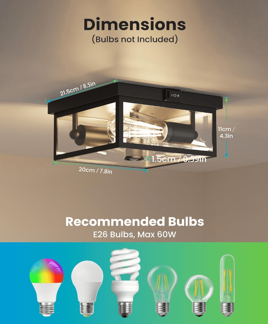 Outdoor Ceiling Light with Motion Sensor, Flush Mount Porch Light, Exterior Light Fixture with Clear Glass, Dusk to Dawn 2-Light Fixture for Patio,Porch (8.5 in)