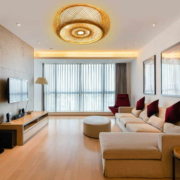 Toolven Yellow Hand-Woven Bamboo Ceiling Light, 3 Lights, Drum Shape, E26/E27 Bulb Base, Rustic Lodge Style, LED/Incandescent/Fluorescent