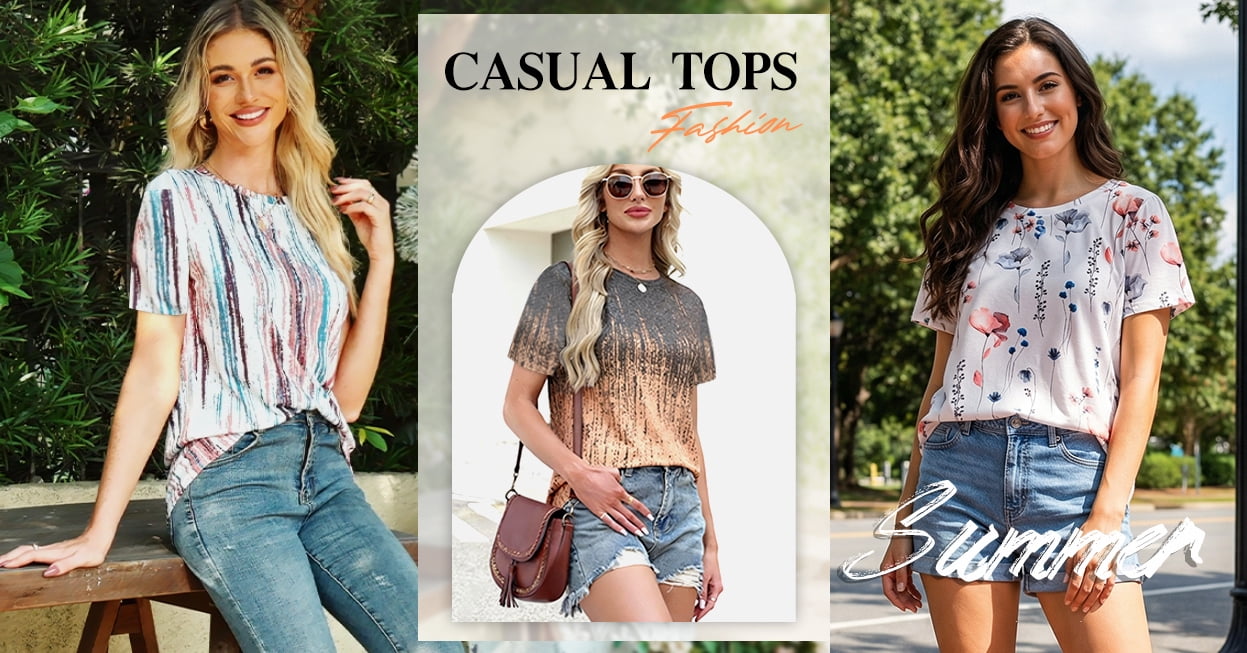 Fantaslook Womens Summer Tops Dressy Casual Short Sleeve Shirts Crew Neck Tunic Floral Blouses