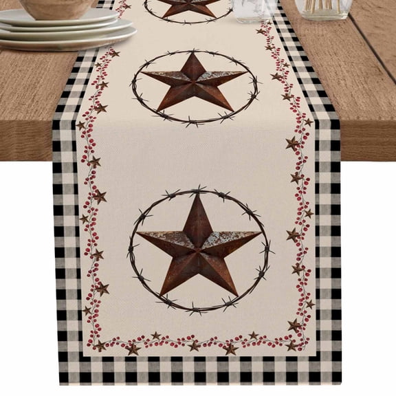 Farmhouse Western Star Berry on Retro Table Runner-70 Inch Long Black Buffalo Plaid Table Runners Linen Burlap Tablerunner for Kitchen Dining Room Holiday Party