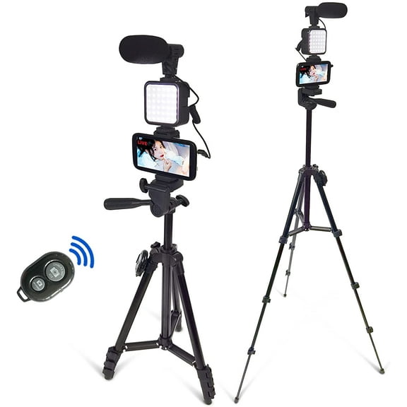 Smartphone Video Kit, Vlogging Kit, Youtuber Kit, with Microphone Light Tripod 50" Extendable Phone Clip Remote Control Compatible with iPhone/Smartphone/Cameras