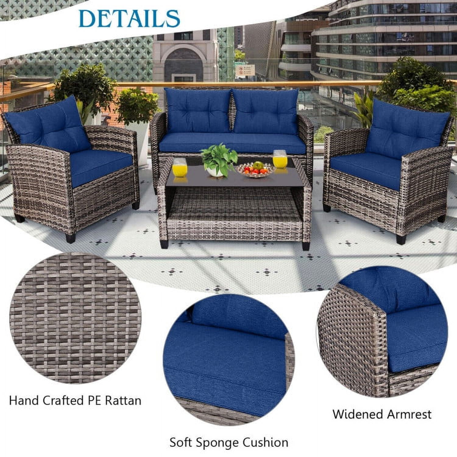 Aimee Lii 4 Pieces Wicker Patio Furniture Set, Coffee Table Cushioned Sofa, Modern Patio Furniture, Gray + Navy Aimee Lii 4 Pieces Wicker Patio Furniture Set, Coffee Table Cushioned Sofa, Modern Patio Furniture, Gray + Navy