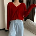 thumbnail image 2 of 2021 SALE Girl Women's Solid Color Knit Cardigan Small Short V-neck Long Sleeve Thin Jacket Crop Top Outerwear,Red, 2 of 10