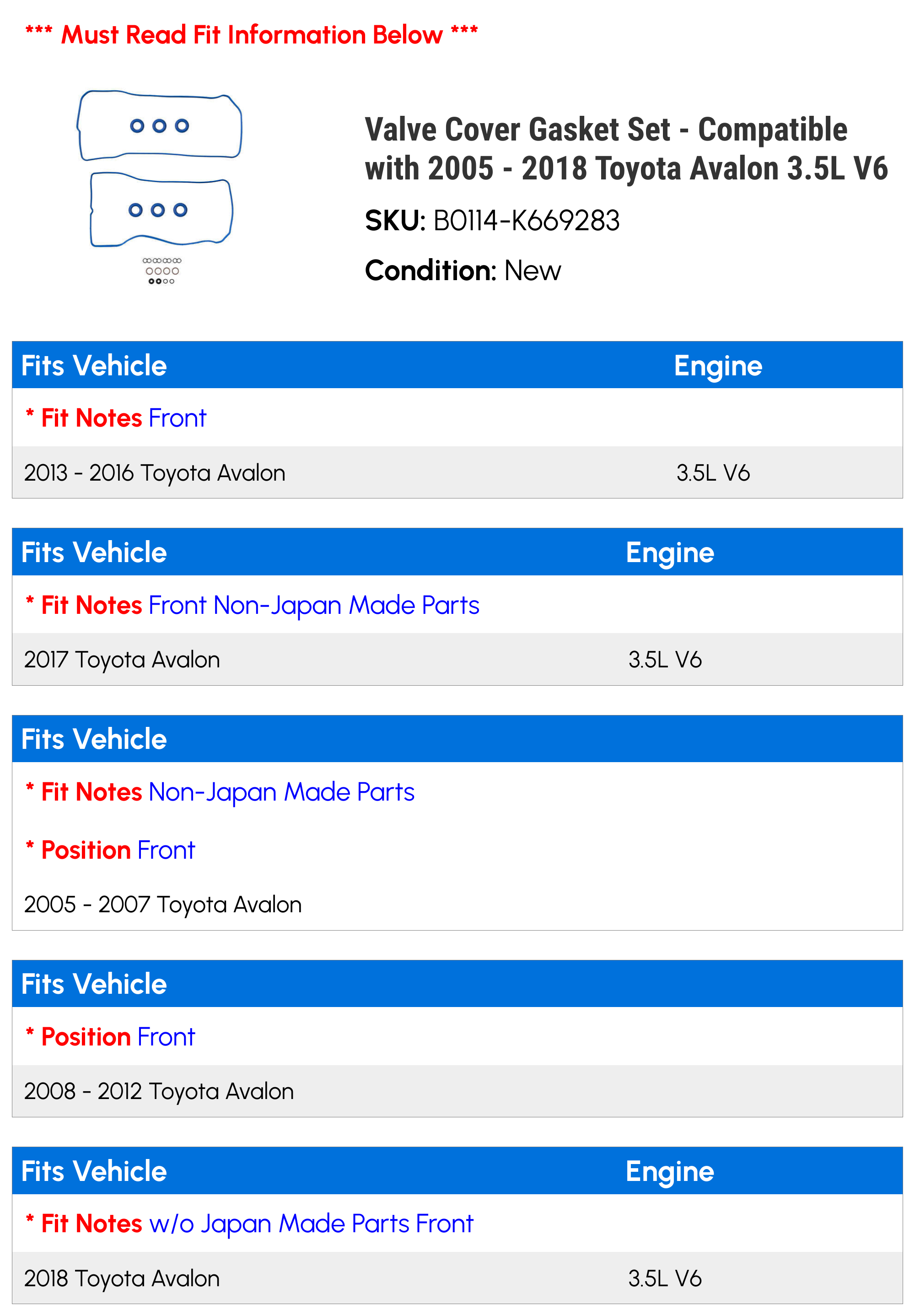 Valve Cover Gasket Set - Compatible with 2005 - 2018 Toyota Avalon 3.5L V6 2006 2007 2008 2009 2010 2011 2012 2013 2014 2015 2016 2017