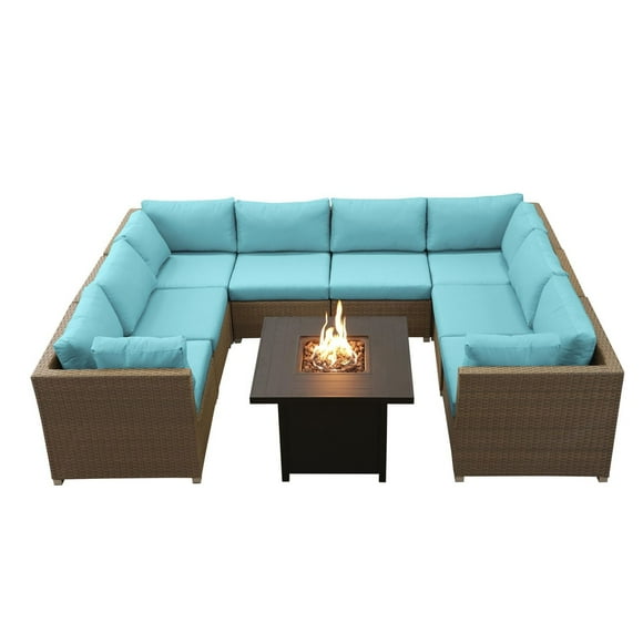 Ensemble de conversation de patio en aluminium de 9 pièces de la collection Chambers Bay avec coussins aquatiques et table à feu carrée