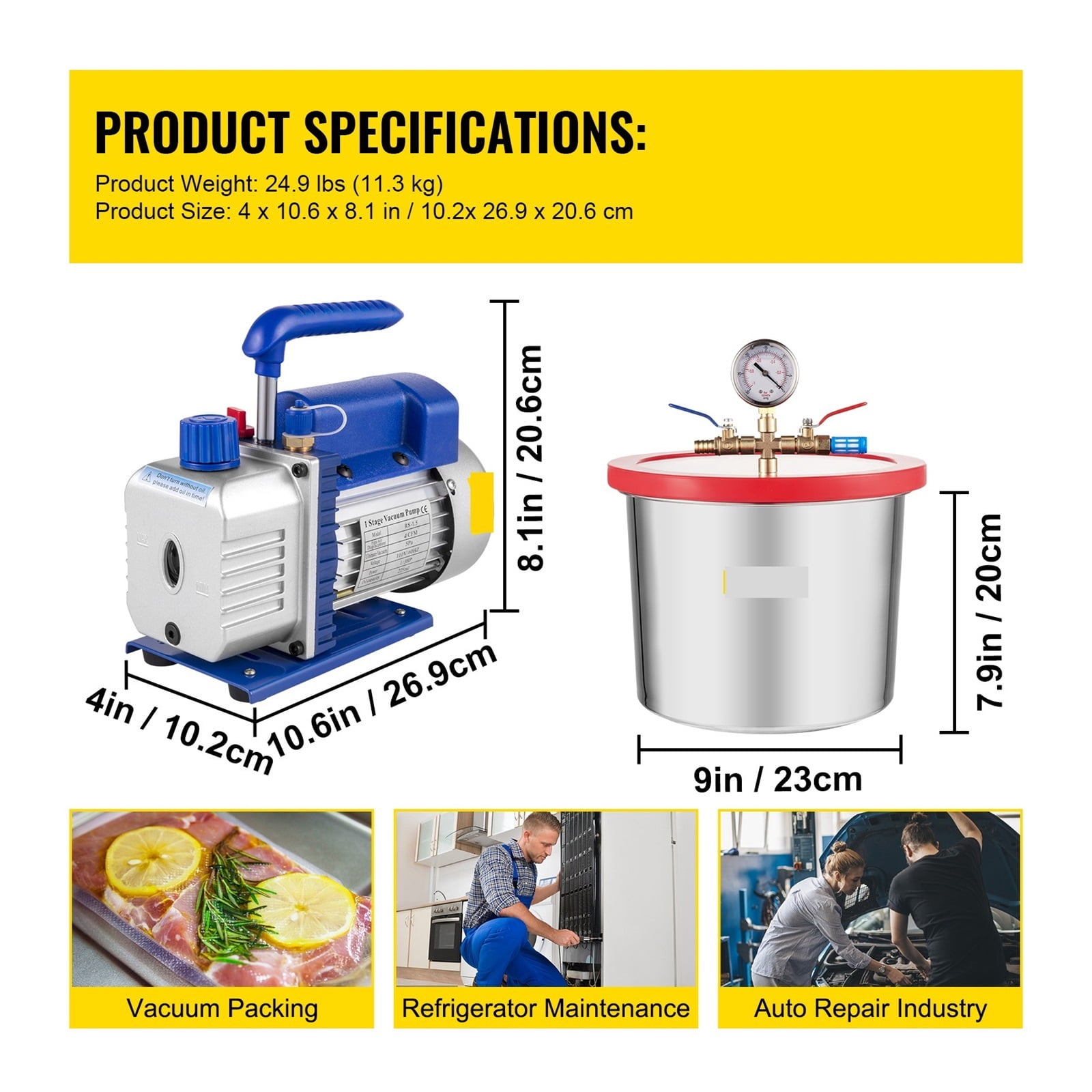 Vacuum Pump,4CFM 1/3HP HVAC Refrigerant Vacuum Pump Refrigeration With Vacuum Chamber Degassing Kit For Household Air Conditioning