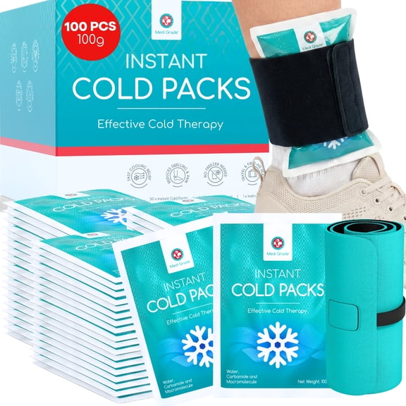 Medi Grade Instant Cold Packs, 100 Packs of 3.5oz (4.5”x6”) Disposable Cold Packs for Cooling Relief, No Freezer Needed - Cold Packs for Injuries, Knee and Ankle Cold Pack Wrap