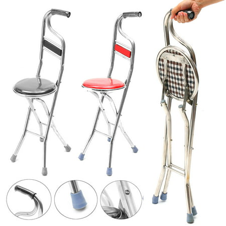 2 in 1 Stainless Steel Portable Folding Walking Stick Chair Seat Stool Travel Cane Elderly