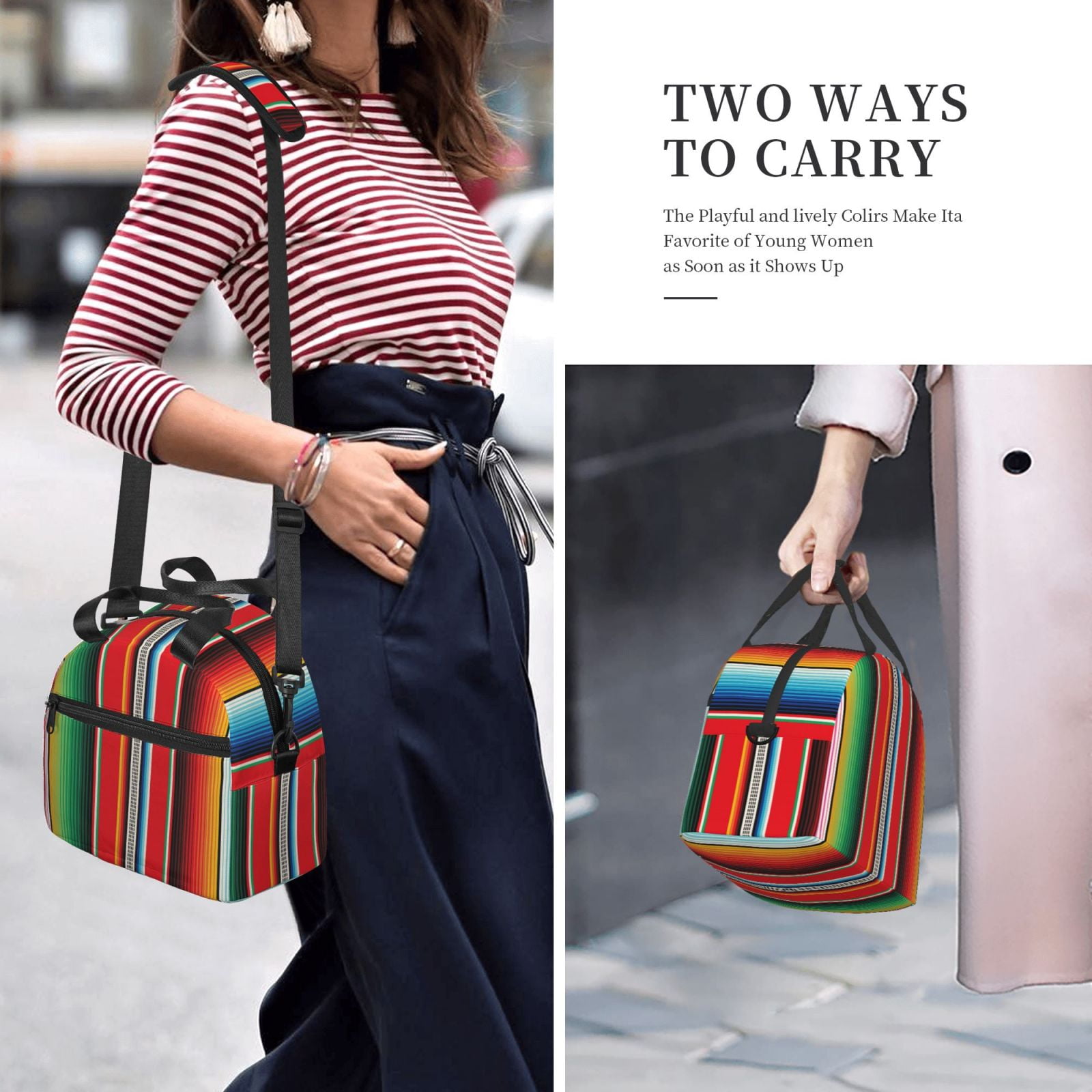 Hirioo Mexican Serape Blanket Stripes for Crossbody Lunch Box for Women Men with Adjustable Shoulder Strap for School, Work and Travel