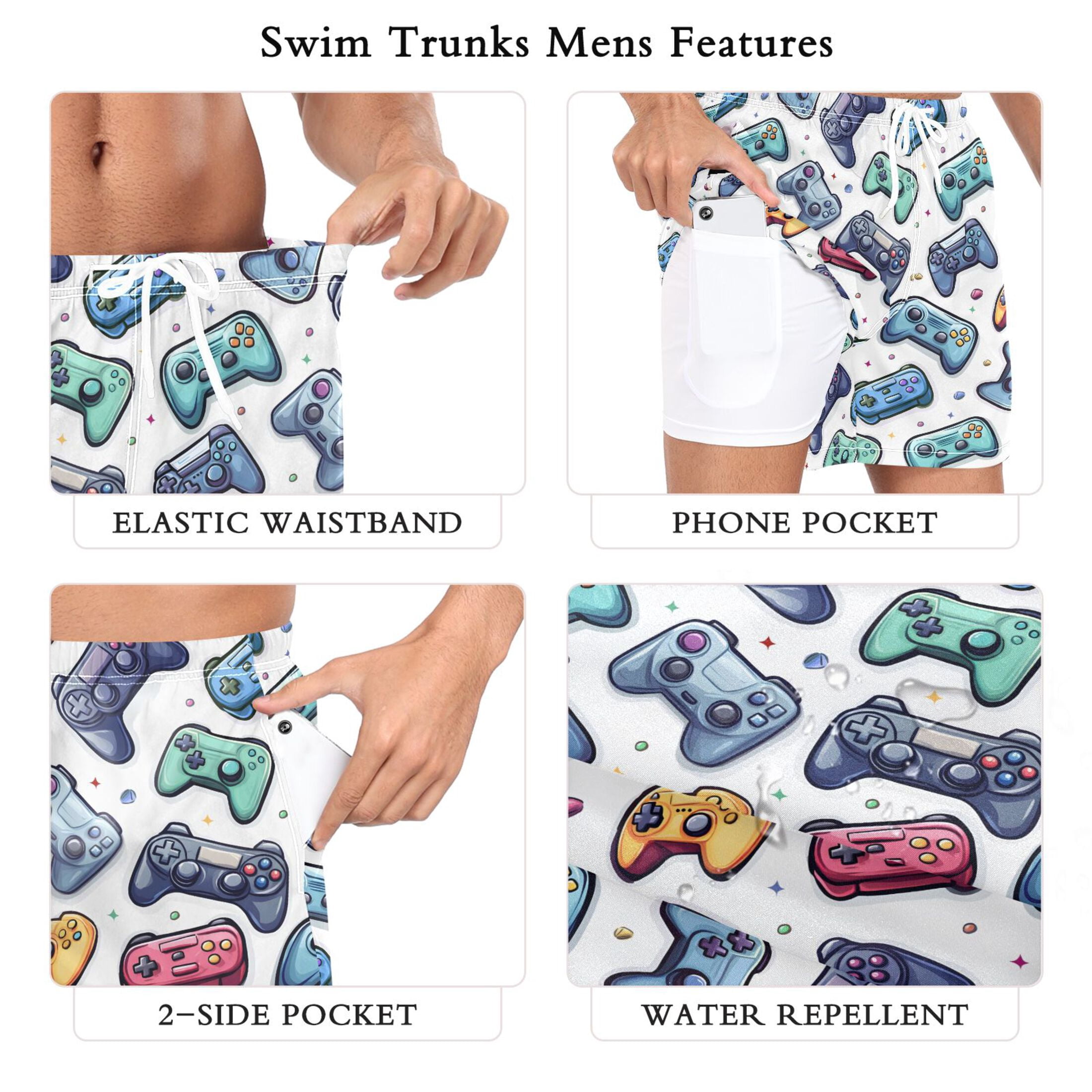 joogoo Men's Cartoon Game Controller Swim Trunks with Liner Pocket Beach Shorts XXL