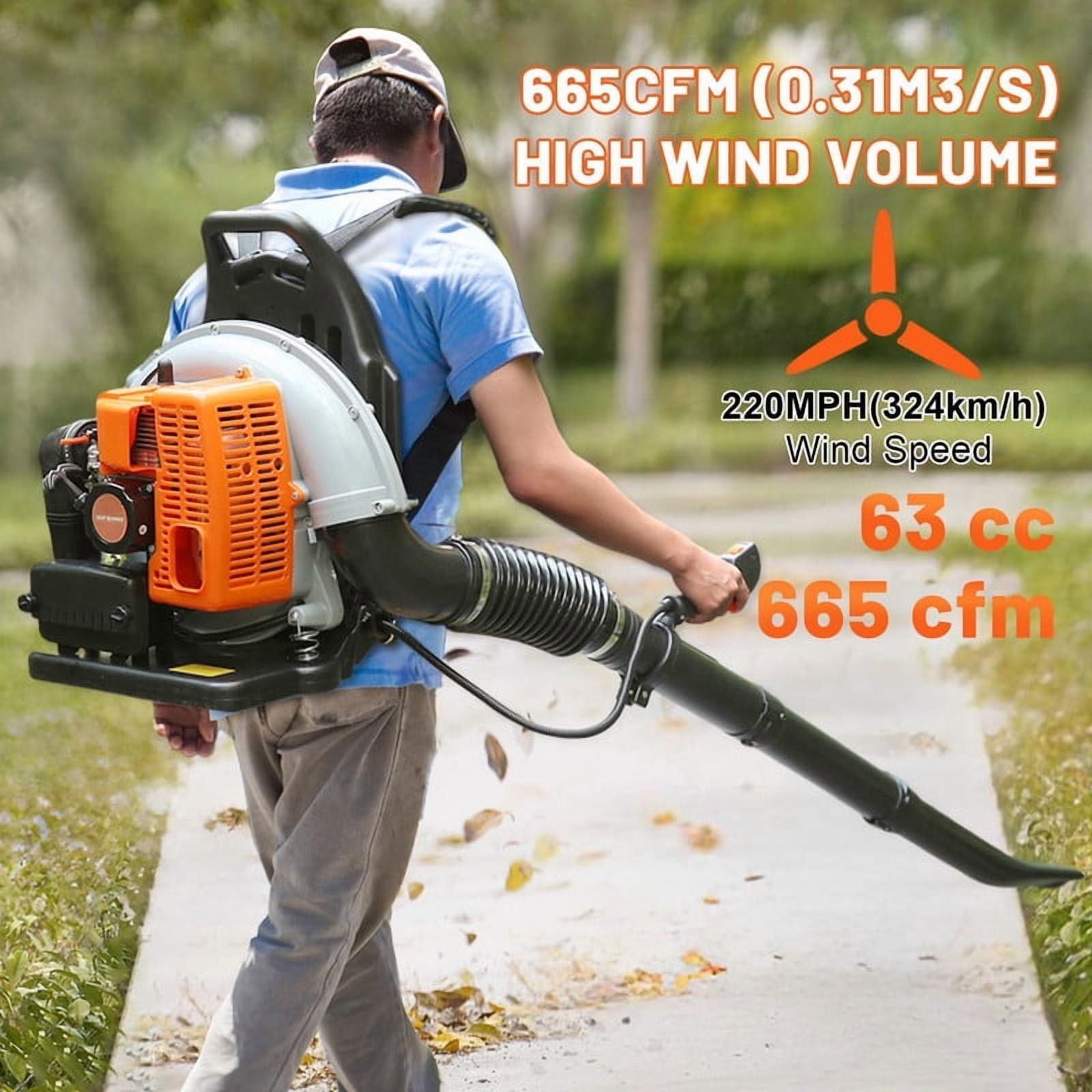 Backpack Leaf Blower Gas Powered - 63CC 665CFM 2 Cycle Backpack Gas Powered Leaf Blower, Grass Lawn Blower Air Cooling Gasoline Backpack Grass Blower, Backpack Snow Blower for Garden