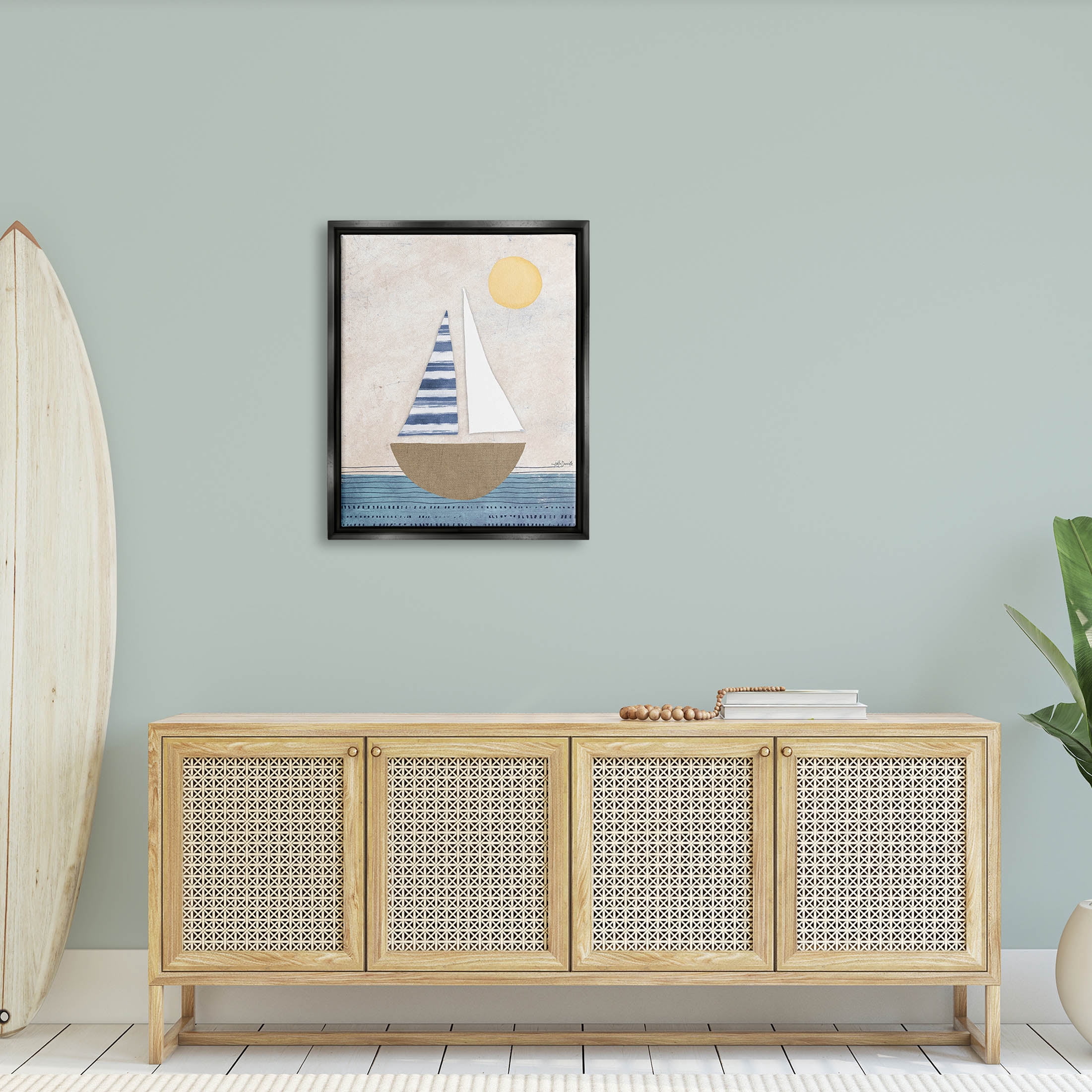 Stupell Industries Geometric Sailboat Striped Ocean Water Graphic Art Jet Black Floating Framed Canvas Print Wall Art, Design by Katie Doucette