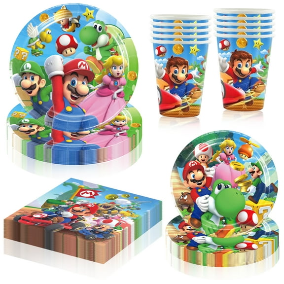 60pcs Mario Party Supplies include 20 plates, 20 cups,20 napkins for the Mario birthday party decoration
