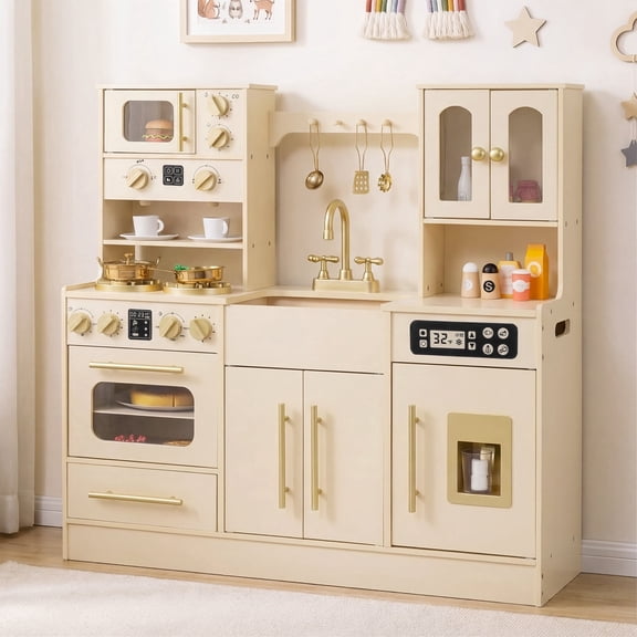 OLAKIDS Kids Kitchen Playset, Wooden Pretend Play Kitchen with Realistic Light Sound 14 Accessories, Toddler Cooking Toy for Boys Girls Aged 3