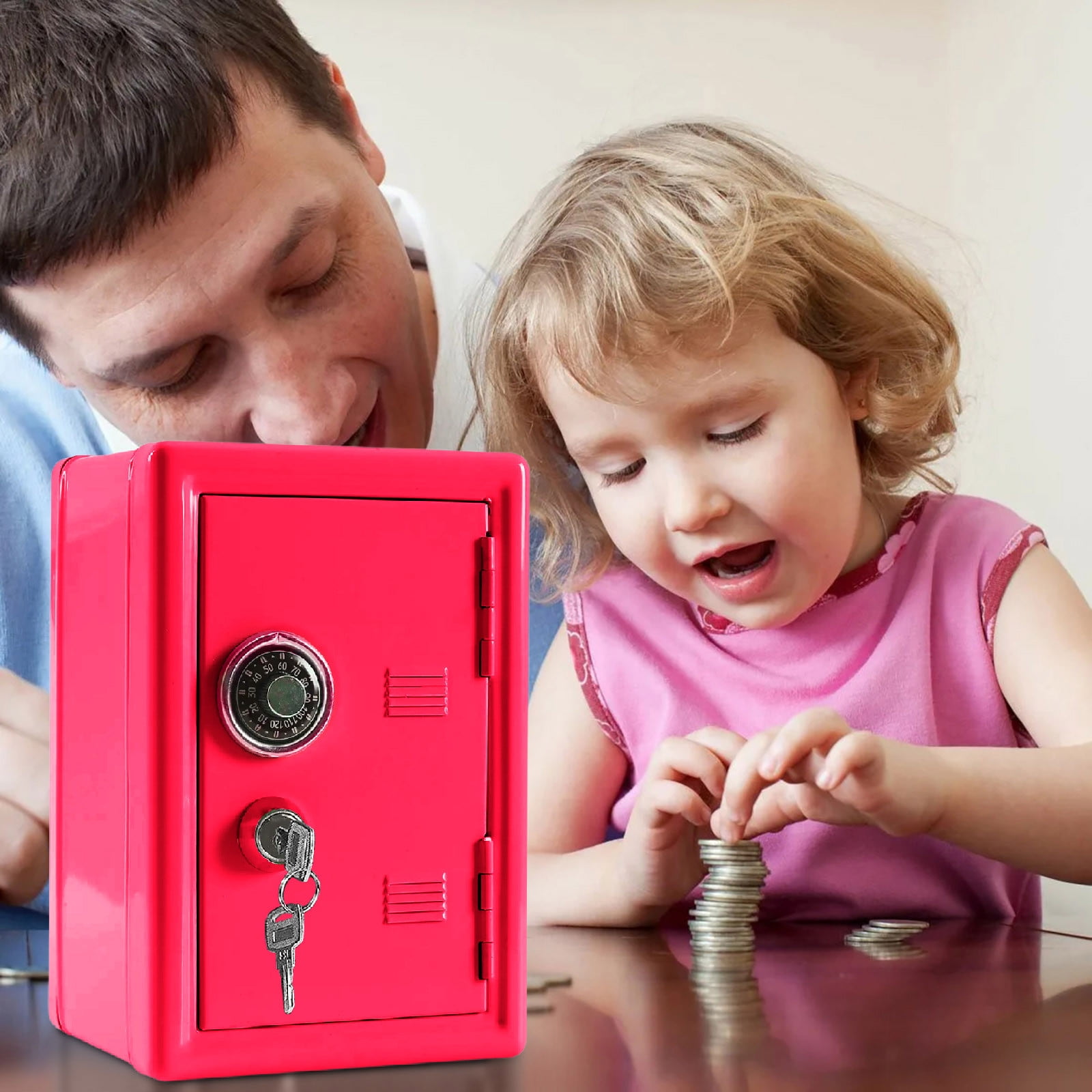 Kids Mini Safe Bank, Metal Cash Box, with Key and Combination Lock