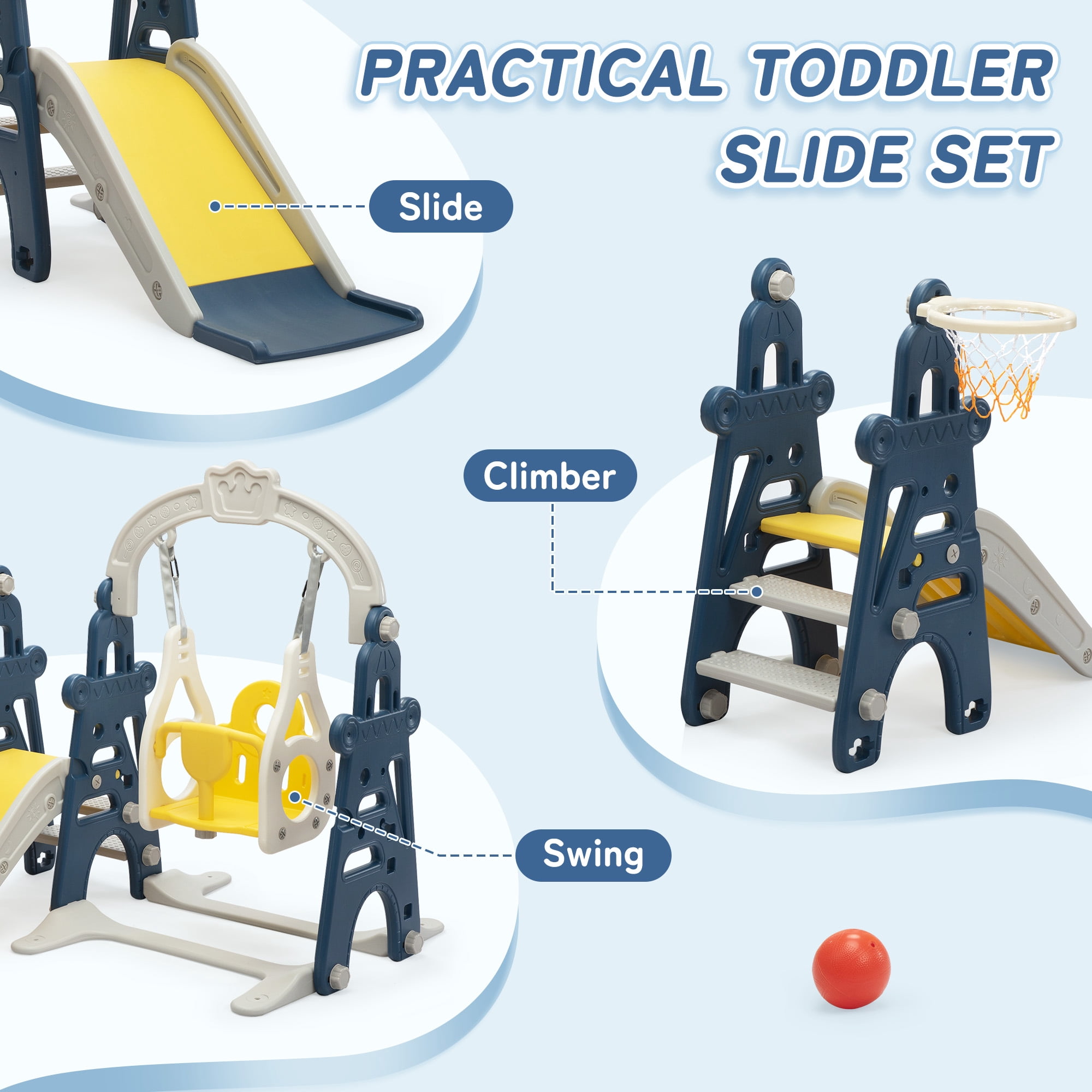 TOBBI 4 in 1 Slide and Swing Set for Toddlers, Indoor Slide Climber Toy, Swing Style,Blue,1+