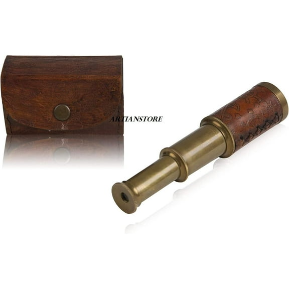 6 Inch Vintage Antique Handheld Adjustable Nautical Brass Telescope Copper Finish in Hand Crafted Leather Pouch