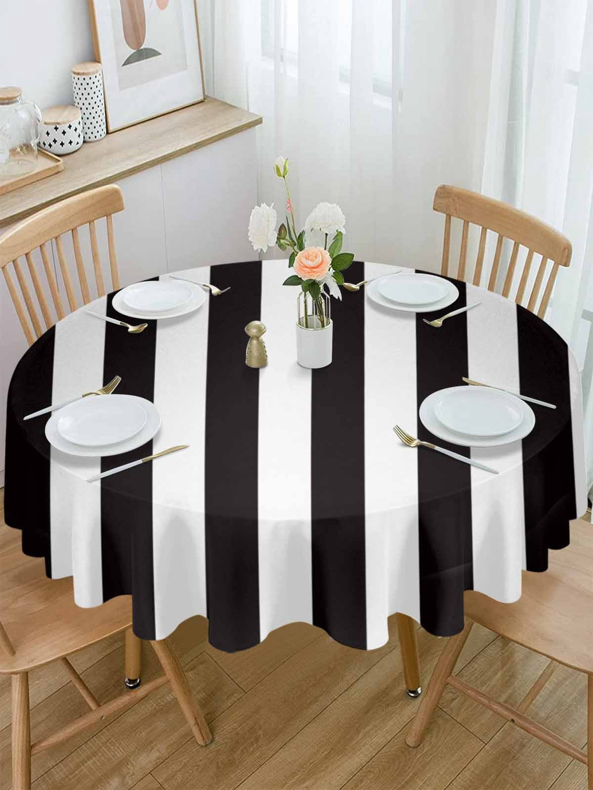 Round Tablecloth Striped Pattern Waterproof Oil Proof Polyester Table Cloth Cover Decor for Home Dining Outdoor,Patio,Parties, 54" Dia. Black and White