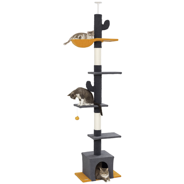 PawHut Cat Tree du Plancher au Plafond 90,5 Pouces-108 Pouces Hauteur Réglable en Gris Foncé, un Cat Tree vertical au design Gain de Place. Ses Caractéristiques Incluent des Plateformes à Plusieurs Niveaux, un Hamac, un condo pour Chat et une Balle Jouet. Fabriqué en Velours teddy Doux et en chenille, Il Comprend des Poteaux à Griffer et un kit Anti-Basculement pour la Stabilité. Convient aux Chats de 1-2 jusqu'à 11 Lb.