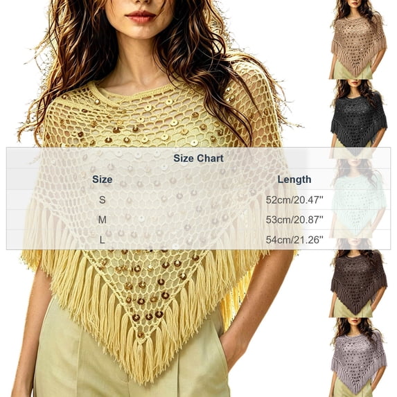Handmade Sequin Knit Triangle Shawl for Women, Tassel Fringe Asymmetric Poncho Cape, Bohemian Vacation Cover up Wrap Lightweight Beach Shawl Black
