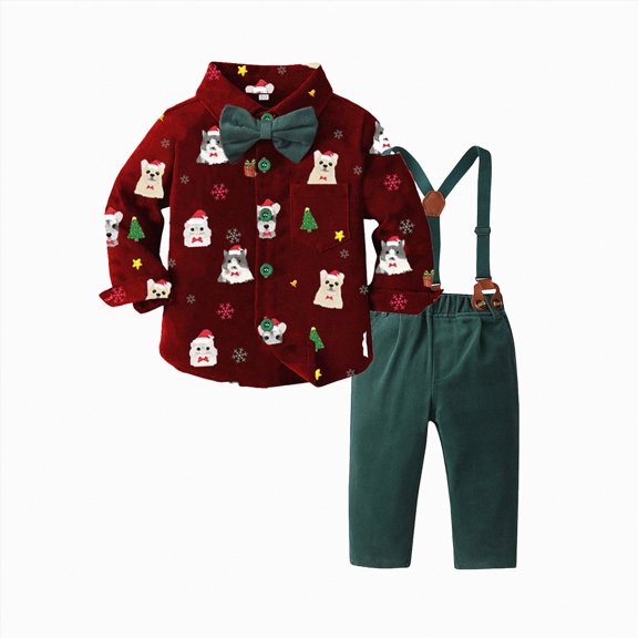 mgoYE Baby Boys Christmas Outfit Toddlers Gentleman Suit Kids Xmas Clothes Shirt Suspender Pants Bow Tie(Wine,9-10 Years)