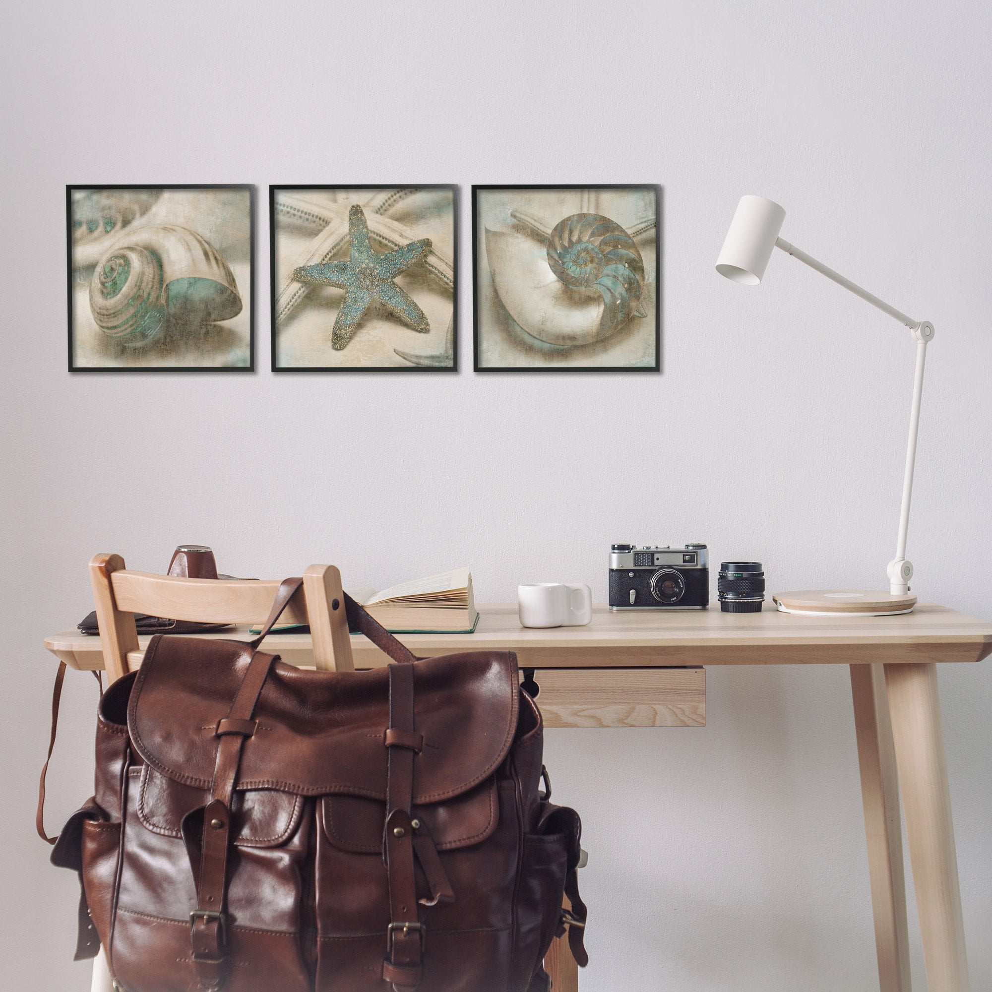 Stupell Industries Star Fish and Sea Shells Distressed Texture Blue Tan Design Framed Wall Art by John Seba, 3 Piece, 12" x 12", Black Framed