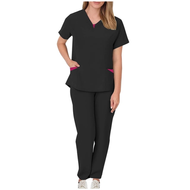 Protective Suit for Women, Short Sleeve V-Neck Top and Drawstring Pocket Pants Set, Polyester, All-Season, Regular Length, for Healthcare Workers and Caregivers